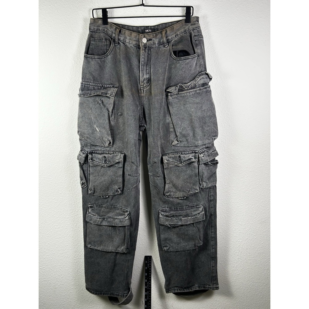 MICAS Grunge Cargo Denim Baggy Pants Size LARGE Gray Utility Relaxed Fit Y2K